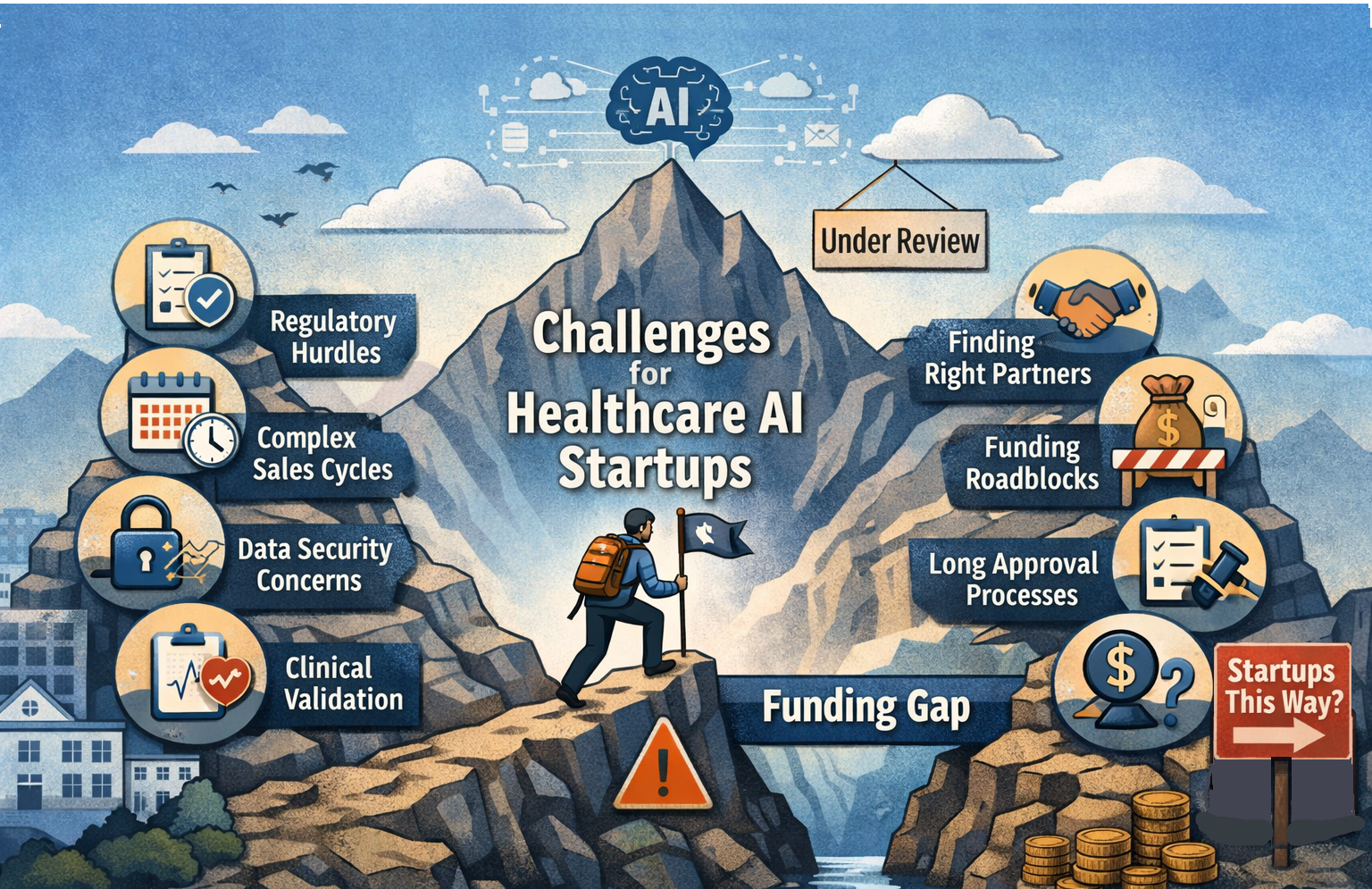 Infographic: The Structural Challenges Facing Healthcare AI Startups. Illustrates the three core barriers — partnership friction and extended institutional sales cycles, the funding gap between early-stage capital requirements and investor proof-point expectations, and the continuous burden of proof that healthcare AI companies face compared to other technology sectors. Frames why strong teams with sound products can still struggle to scale in the healthcare AI environment.