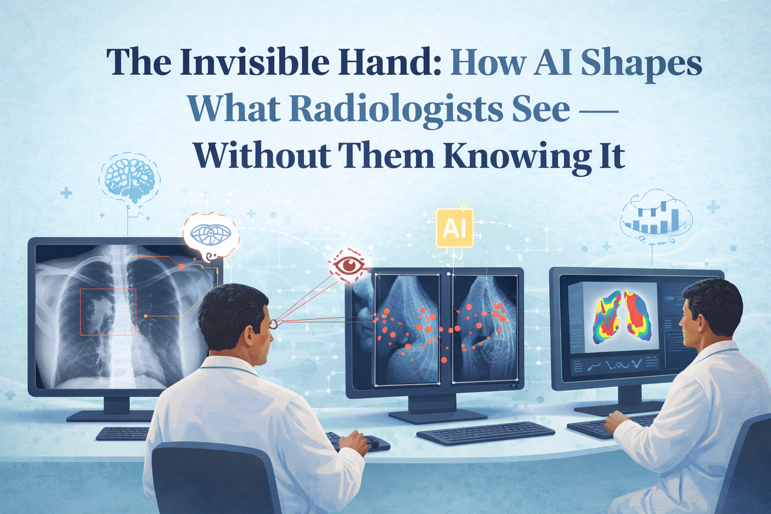 Illustration titled 'The Invisible Hand: How AI Shapes What Radiologists See — Without Them Knowing It.' Two radiologists are seated at a multi-monitor workstation reading medical images. Eye-tracking gaze paths shown as red dots and connecting lines reveal how AI decision support physically redirects where readers look. A chest X-ray with an AI-highlighted region of interest is visible on the left monitor, a mammography case with scattered gaze fixation points is displayed in the center, and a thermal heat-map lung analysis is shown on the right. An AI icon and brain and analytics overlay symbols illustrate the invisible cognitive influence operating below conscious awareness.